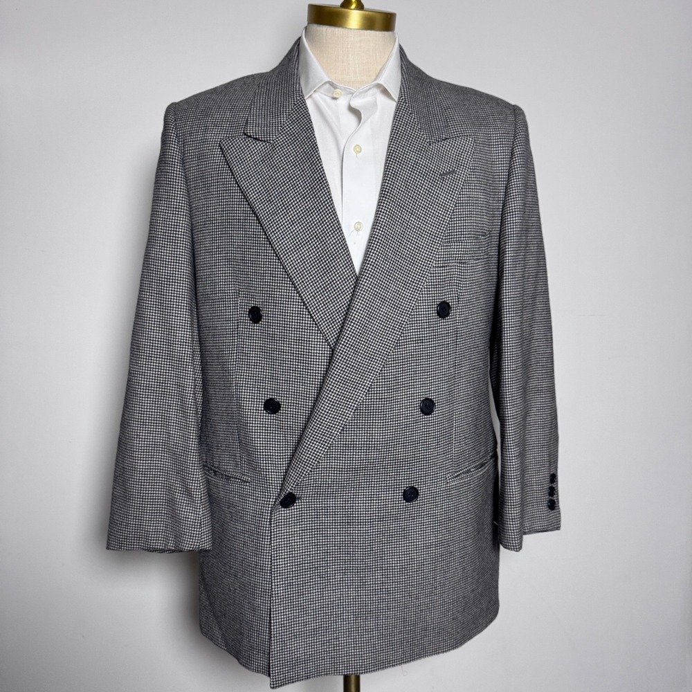 Roma Blazer Mens 40R Gray‎ Houndstooth Double Breasted Peak Lapel Wool Italy